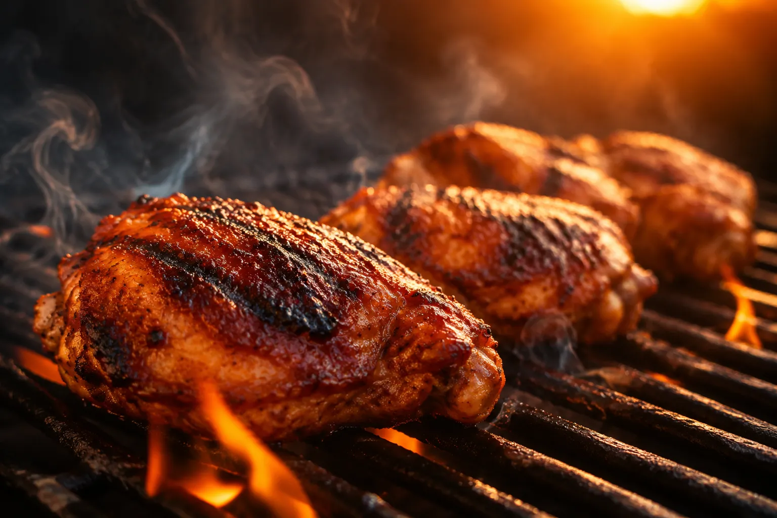 Cooking peri peri chicken on a grill with char marks and flames