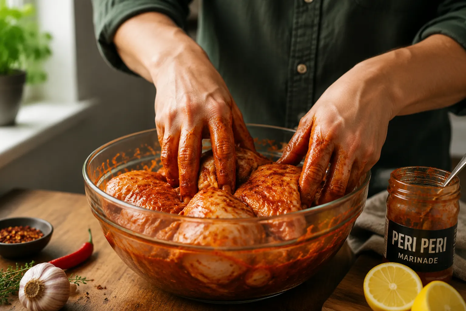 Hands marinating chicken in homemade peri peri sauce for the recipe