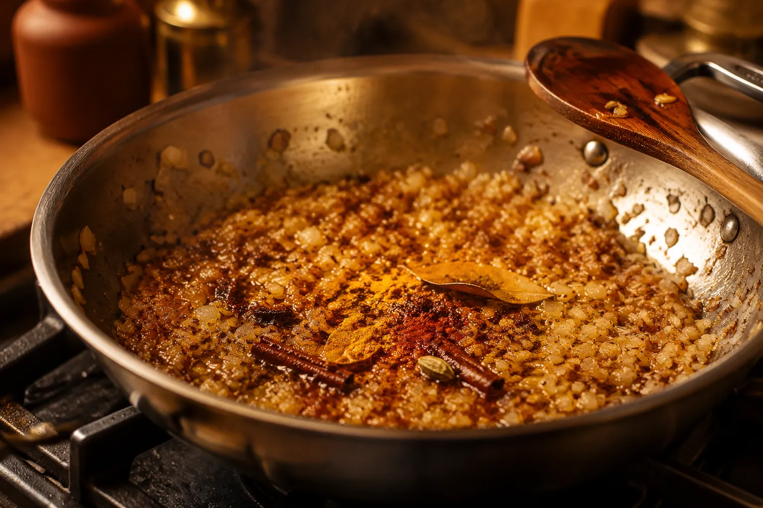 Cooking onion masala base for chicken masala dish in skillet