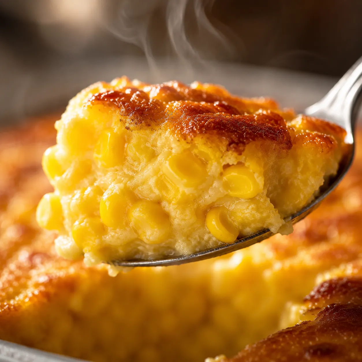 Close-up of creamy corn pudding showing custardy texture and sweet corn kernels.