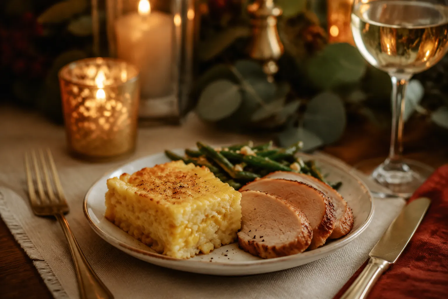 Corn pudding served as a Thanksgiving side dish with turkey and green beans.