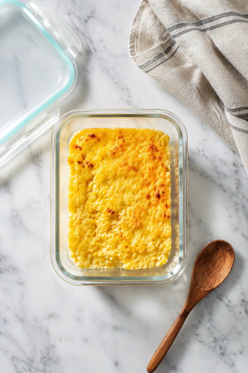 Storing leftover corn pudding in a glass container for the fridge.