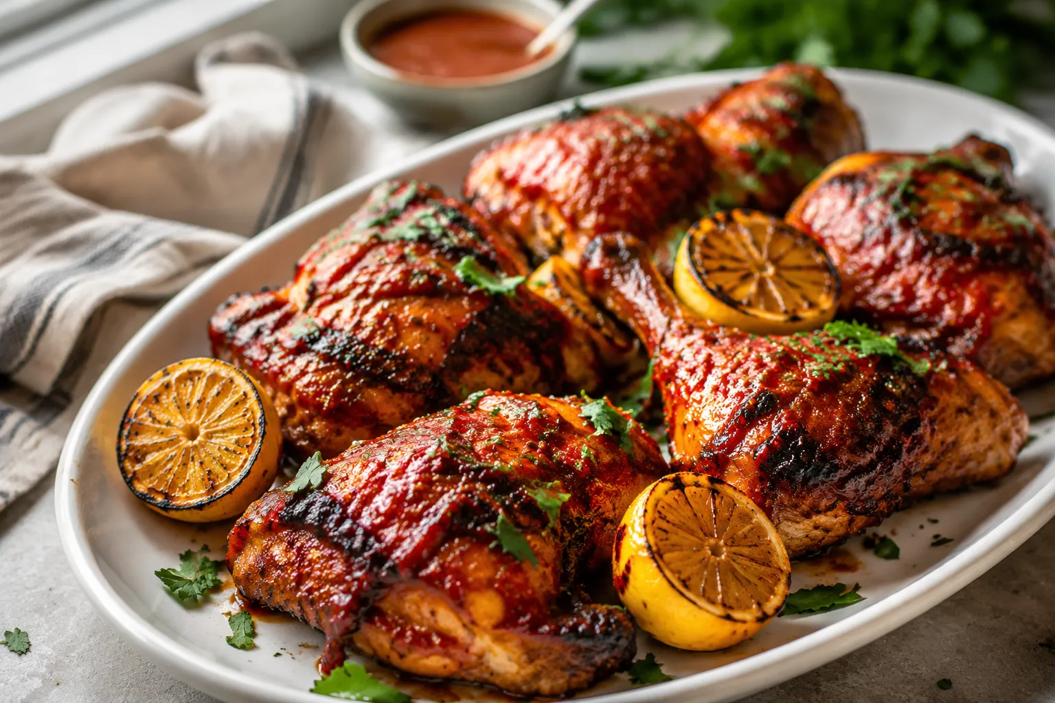 Peri peri chicken recipe finished and plated with sauce and lemon