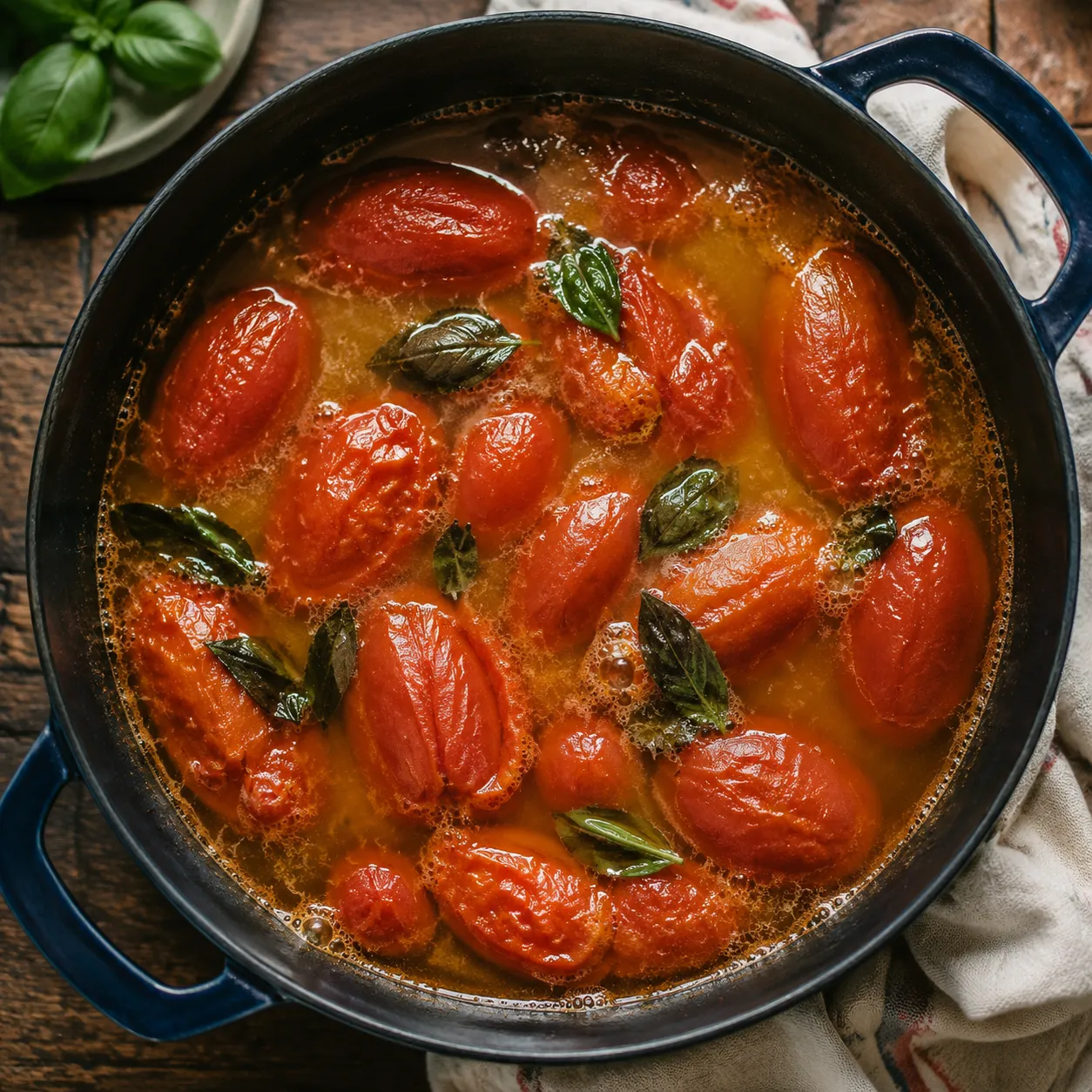 Simmering San Marzano tomatoes and broth for tomato bisque recipe.