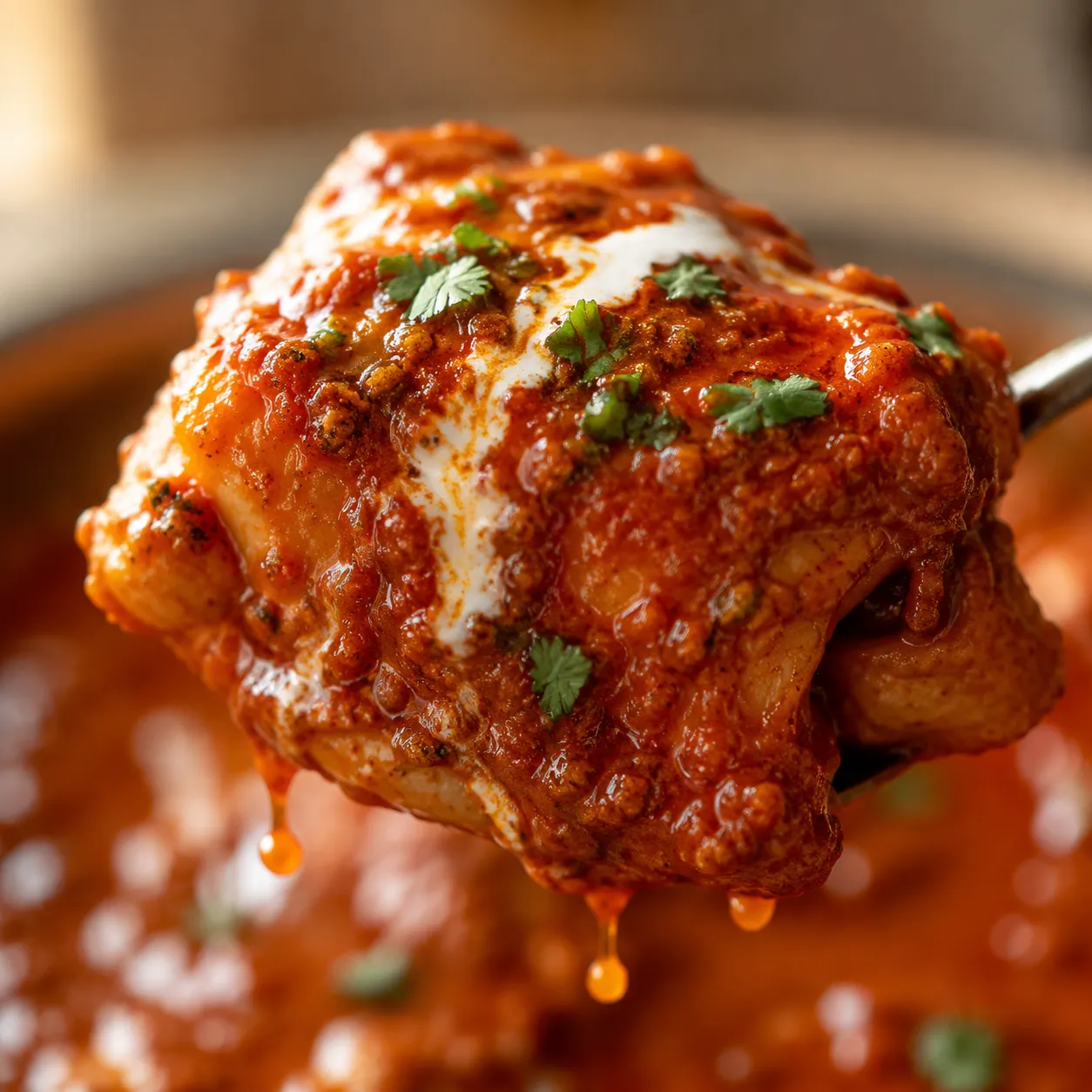 Close-up of tender chicken in glossy masala sauce with cream swirl