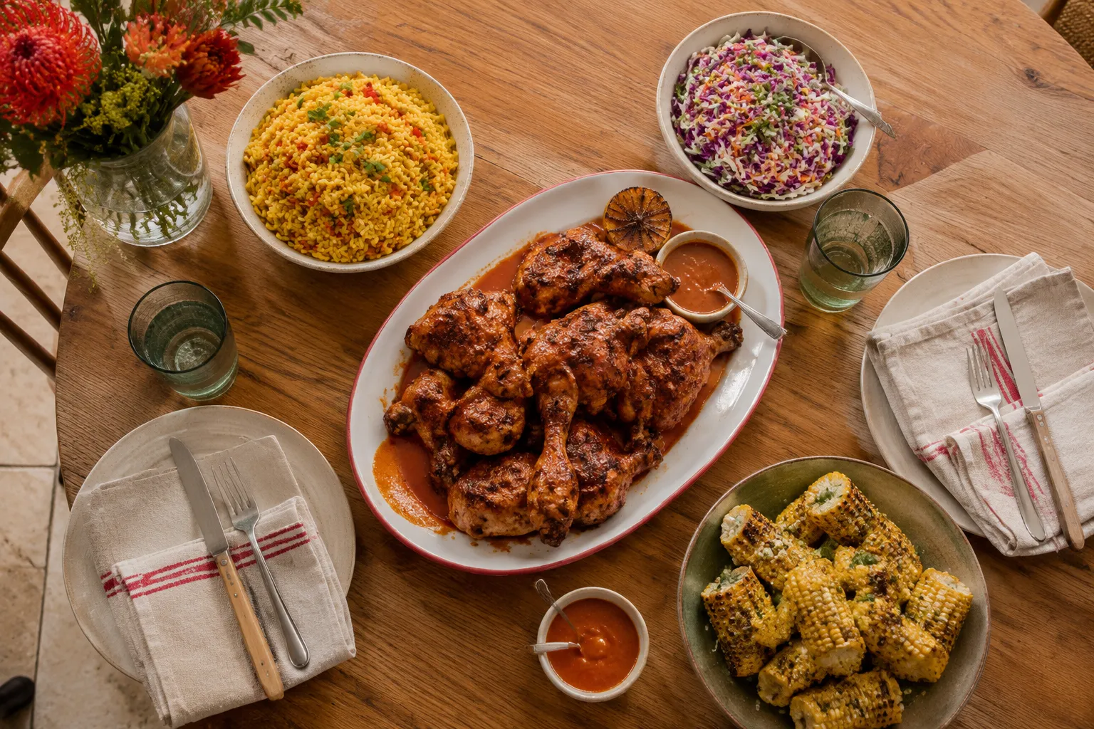 Peri peri chicken served with rice, slaw, and grilled corn for dinner