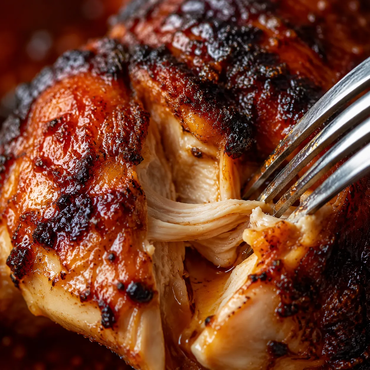 Close-up of juicy peri peri chicken with crispy skin and red sauce