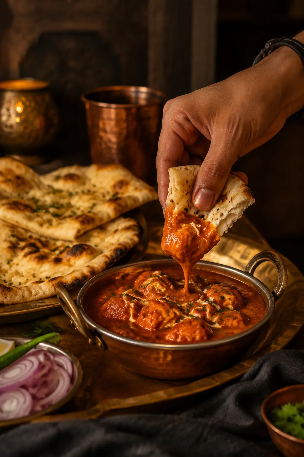 Naan dipped in chicken masala chicken sauce at the dinner table