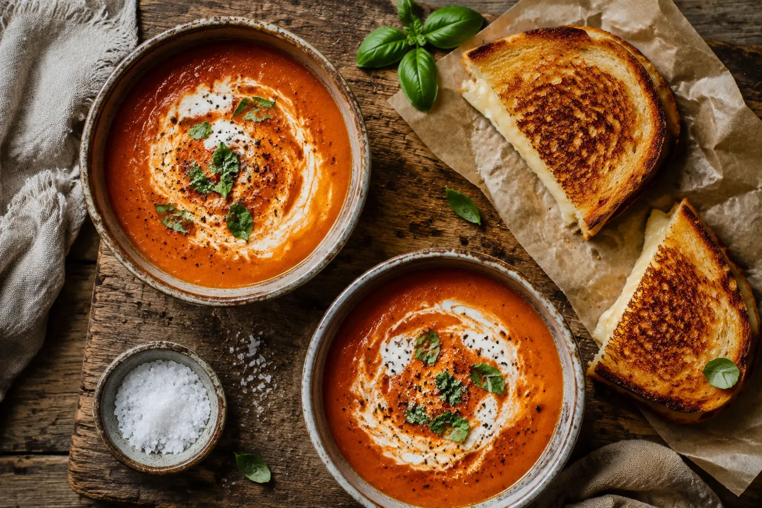 Two bowls of creamy tomato bisque with grilled cheese, overhead shot.