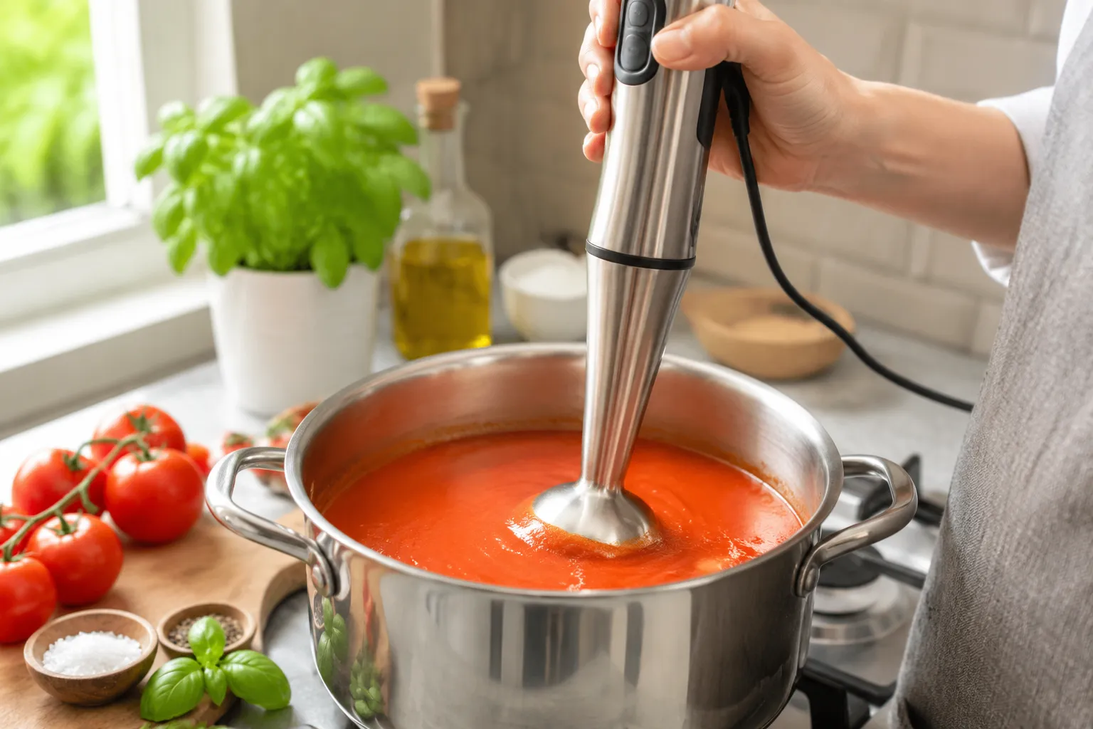 Blending tomato bisque soup smooth with an immersion blender.