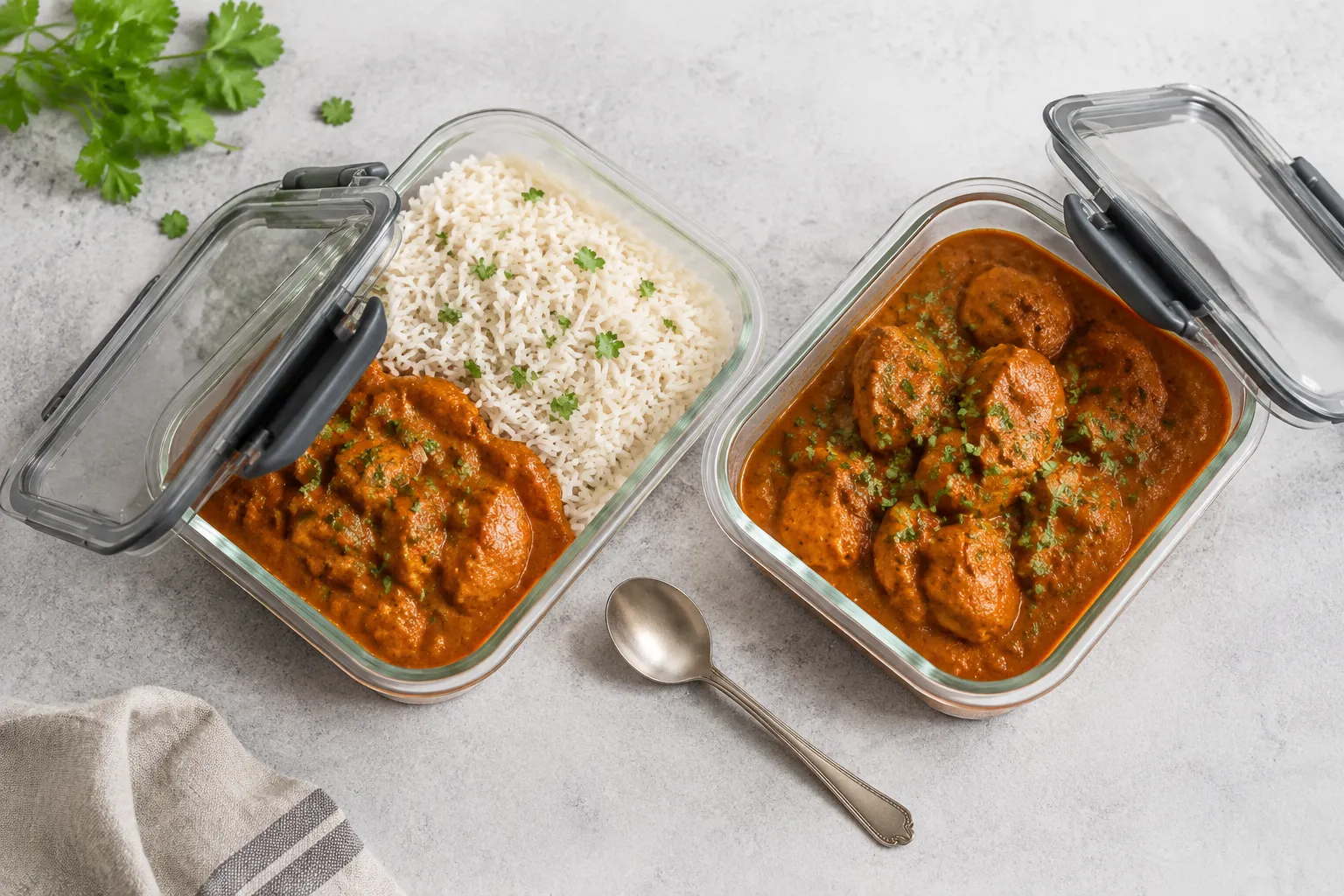 Chicken masala stored in glass meal prep containers for the week