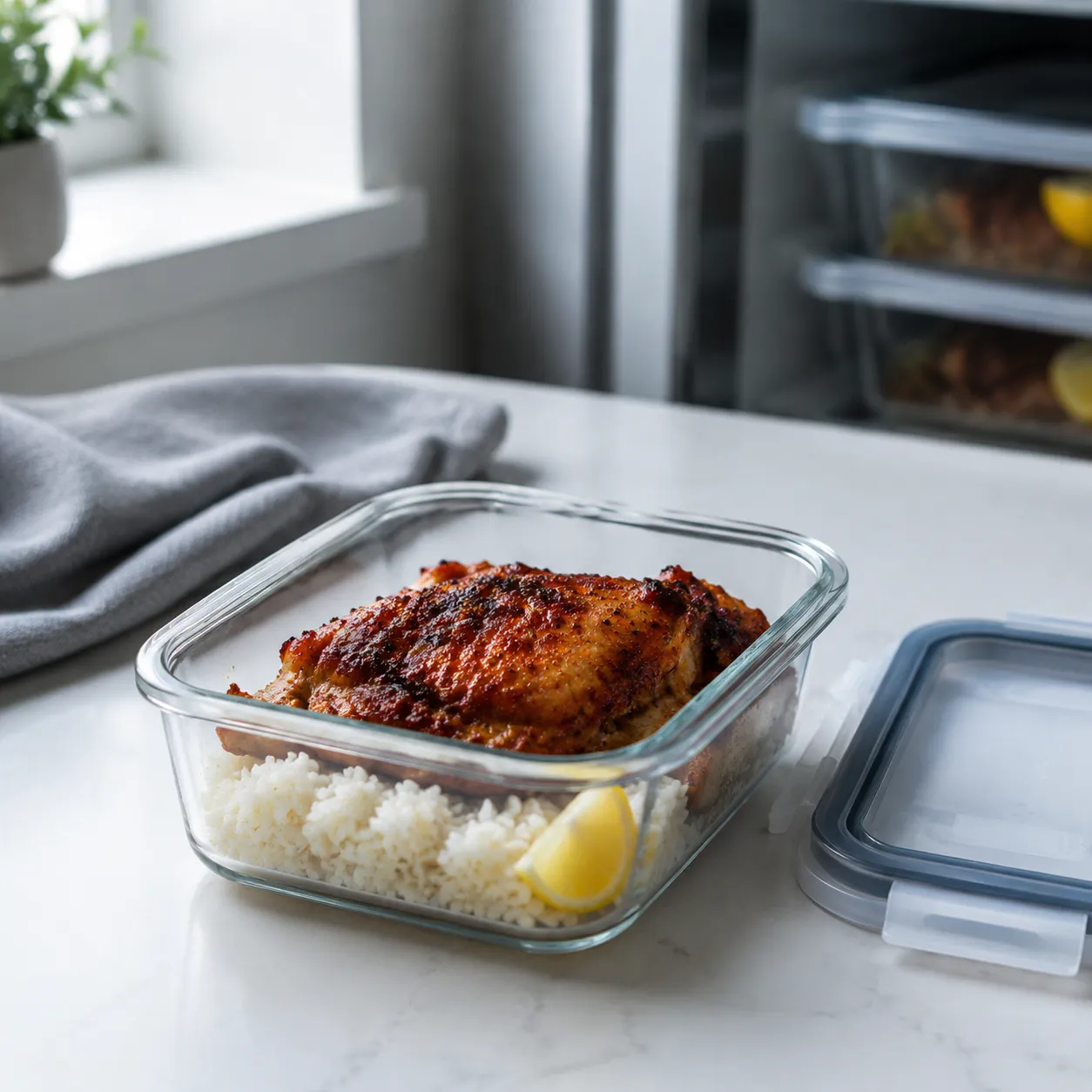 Storing leftover peri peri chicken in a meal prep container