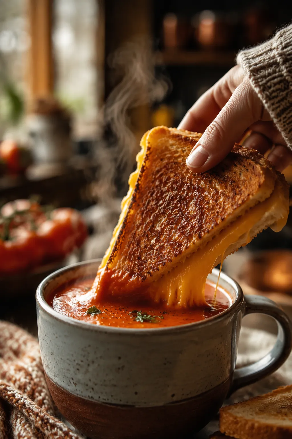 Dunking grilled cheese into a mug of homemade tomato bisque soup.