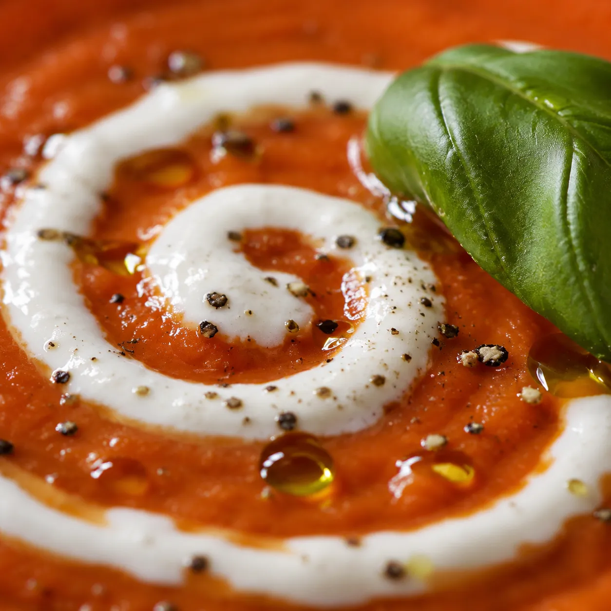 Macro close-up of cream swirl and basil on tomato bisque surface.
