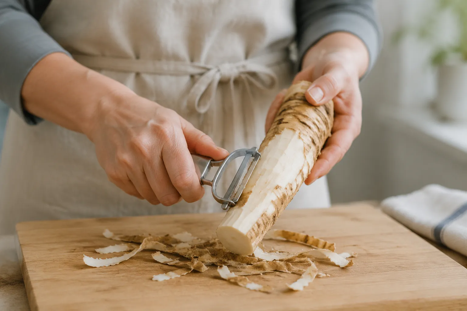 Peeling fresh horseradish root before grating into prepared horseradish
