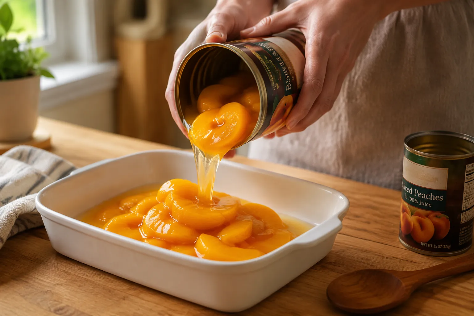 Pouring canned peaches into a baking dish to start a peach dump cake recipe.