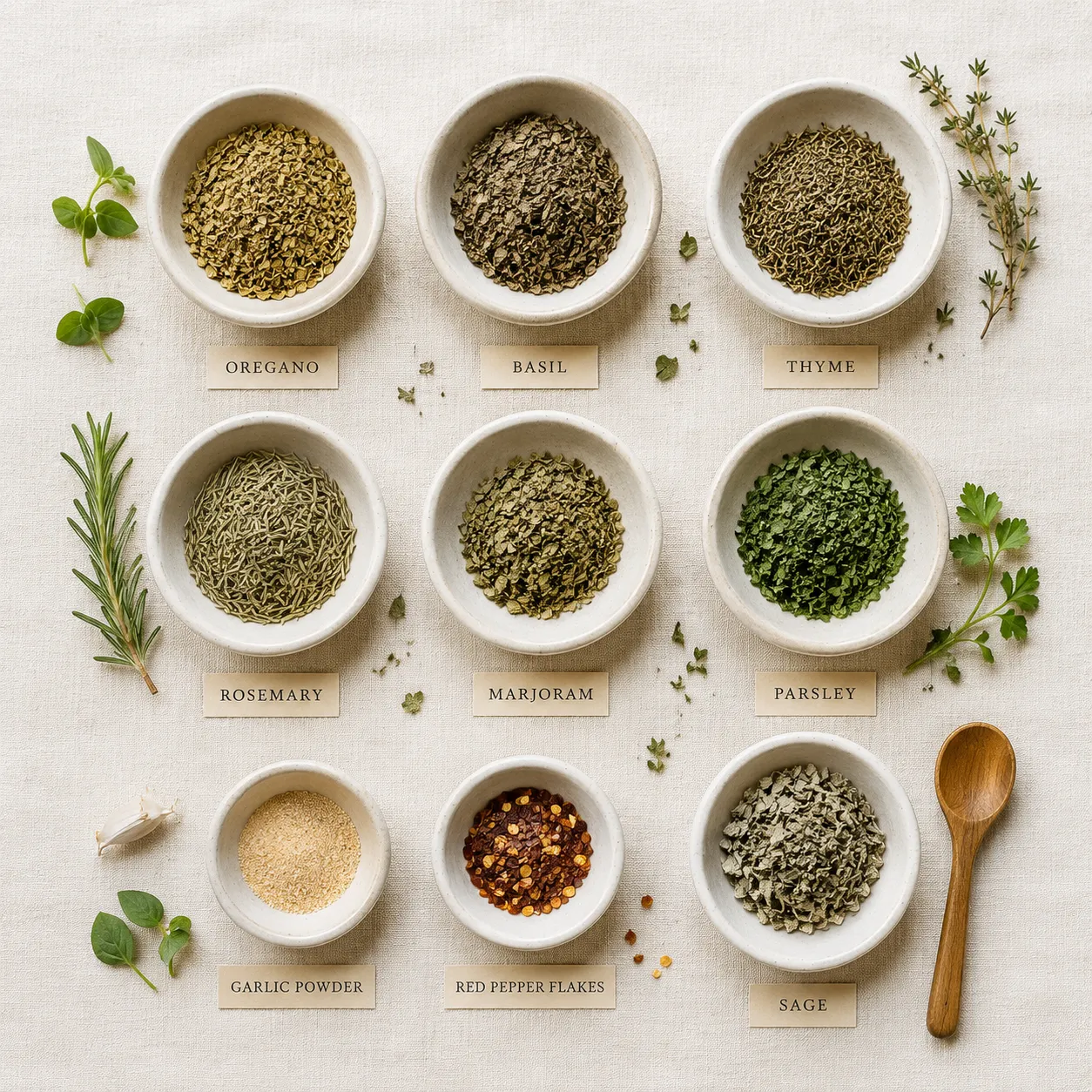 Italian seasoning ingredients flatlay with seven dried herbs in white bowls