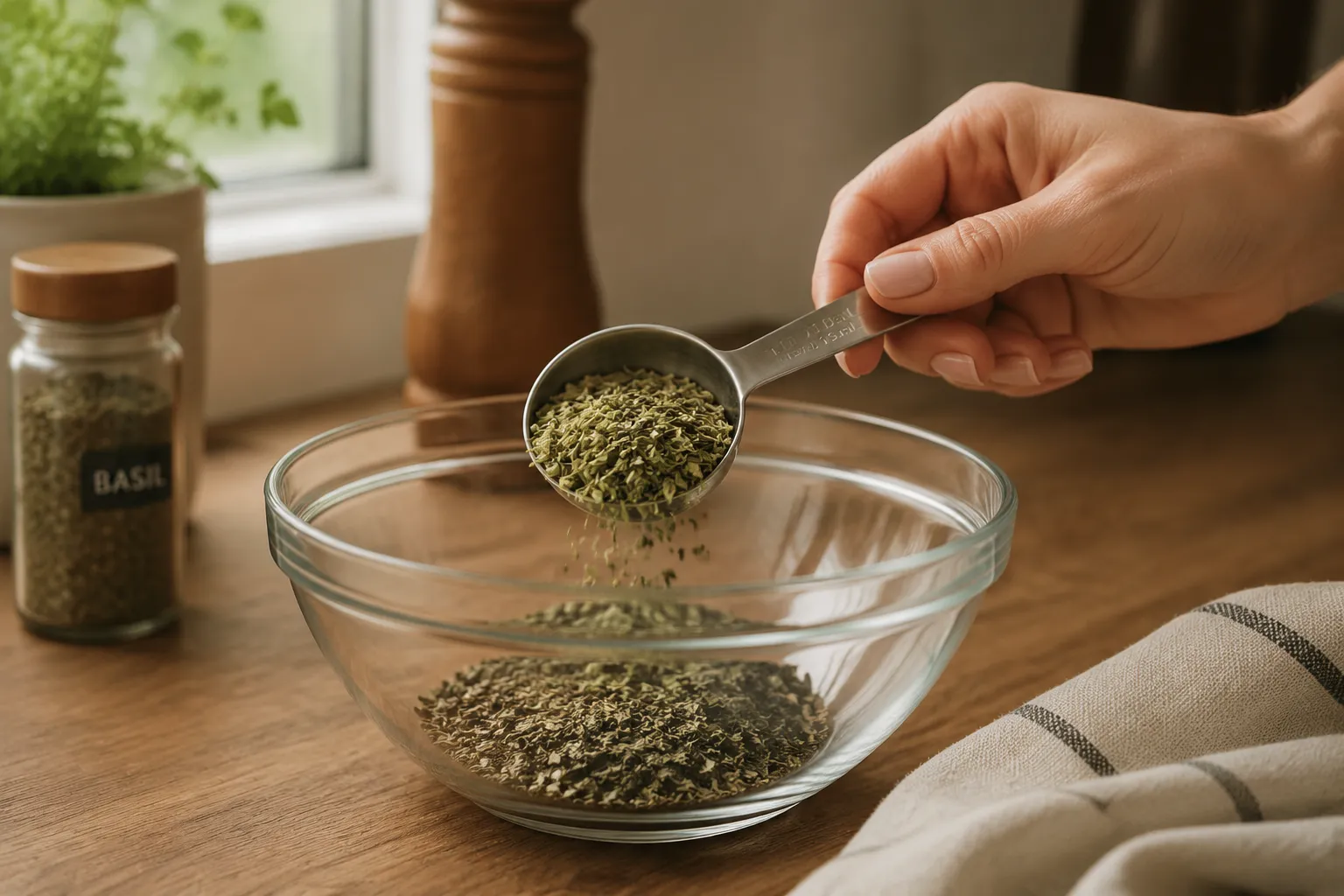 Measuring dried oregano for homemade Italian seasoning