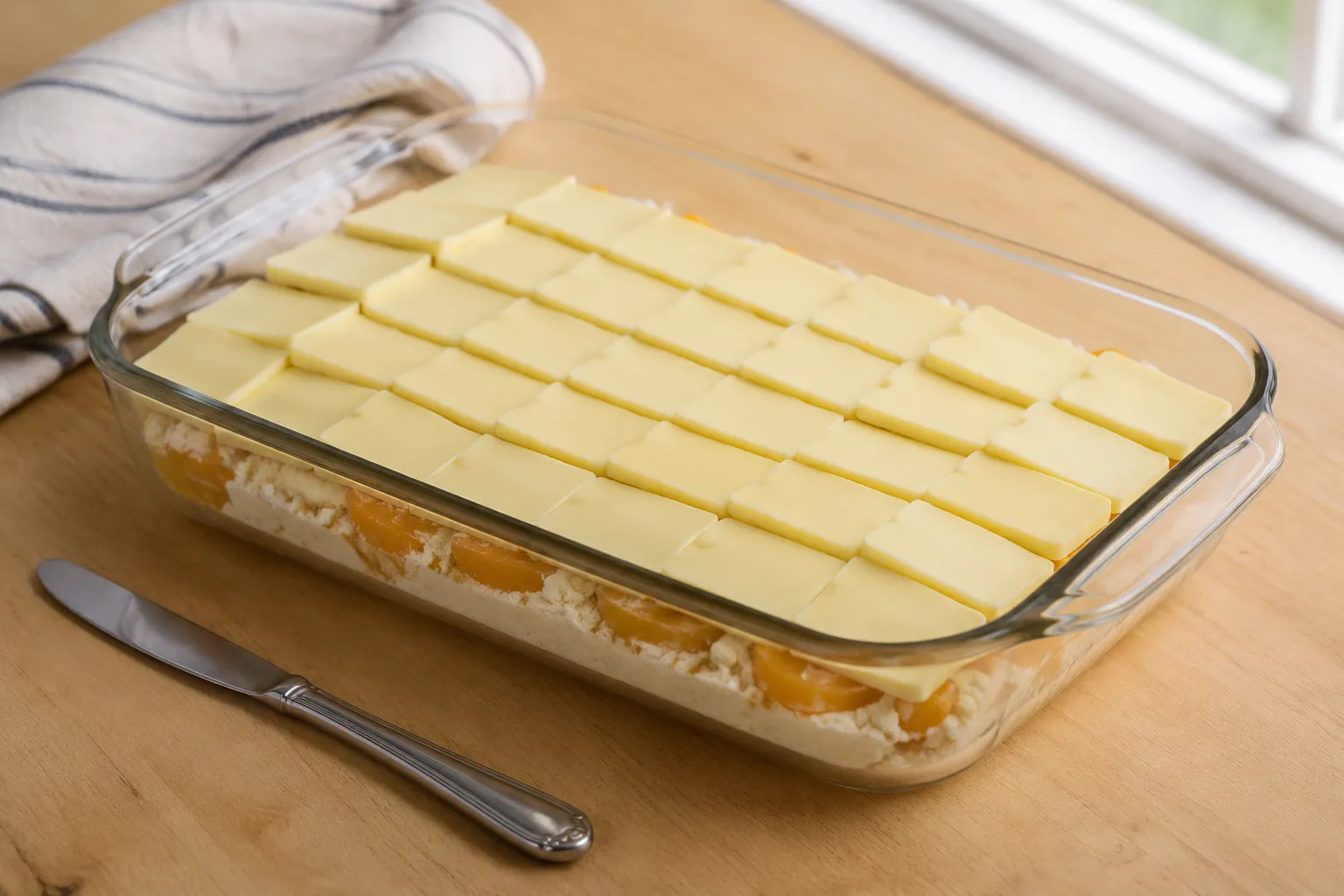 Sliced butter layered over cake mix for the best peach dump cake topping.