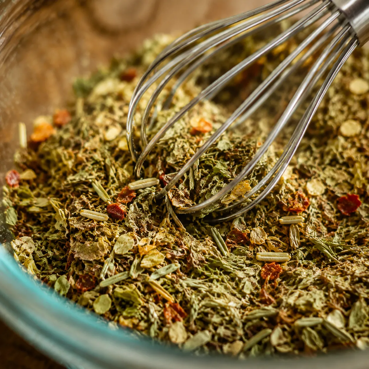 Whisking together homemade Italian seasoning herb blend