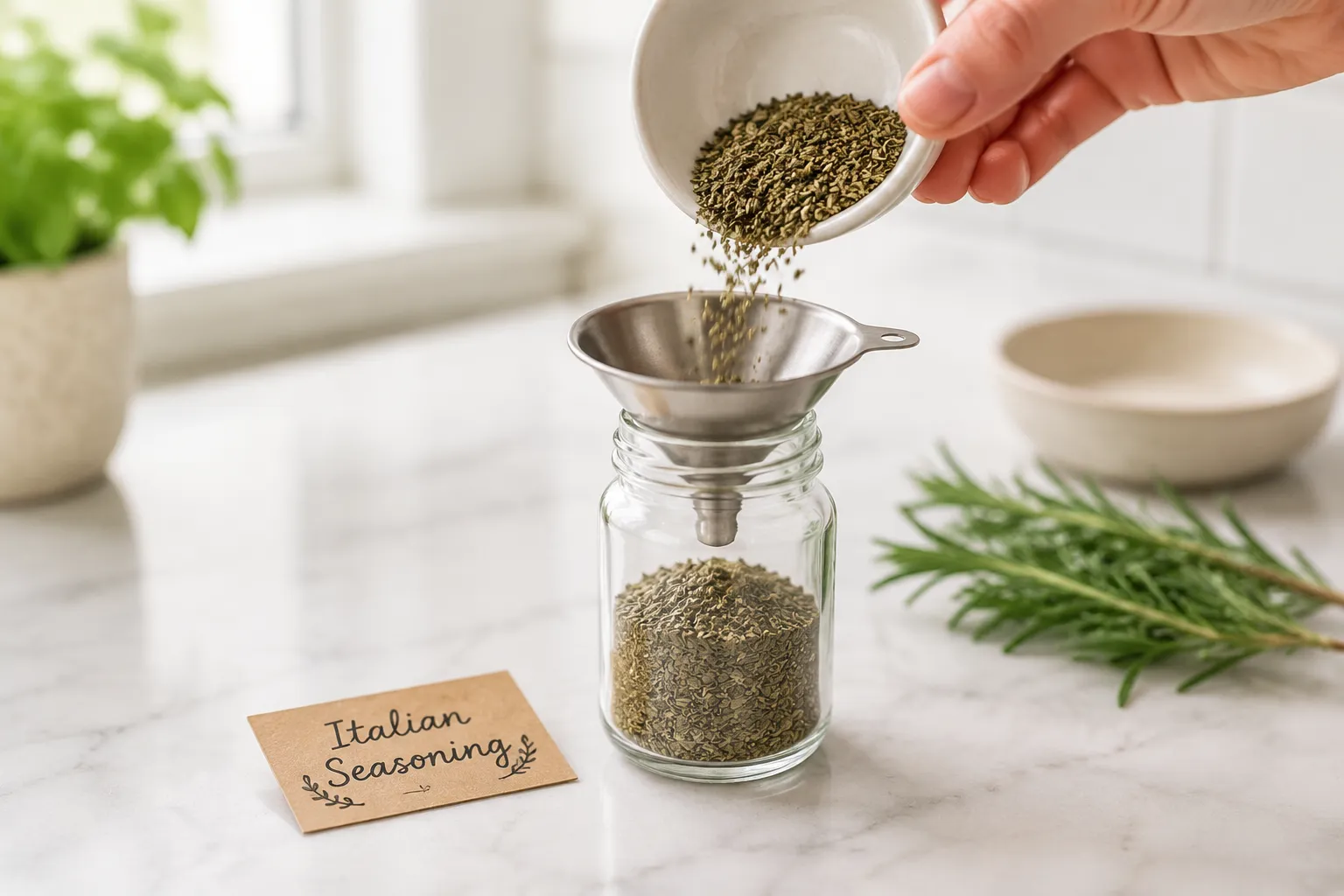 Pouring homemade Italian seasoning recipe into a glass jar