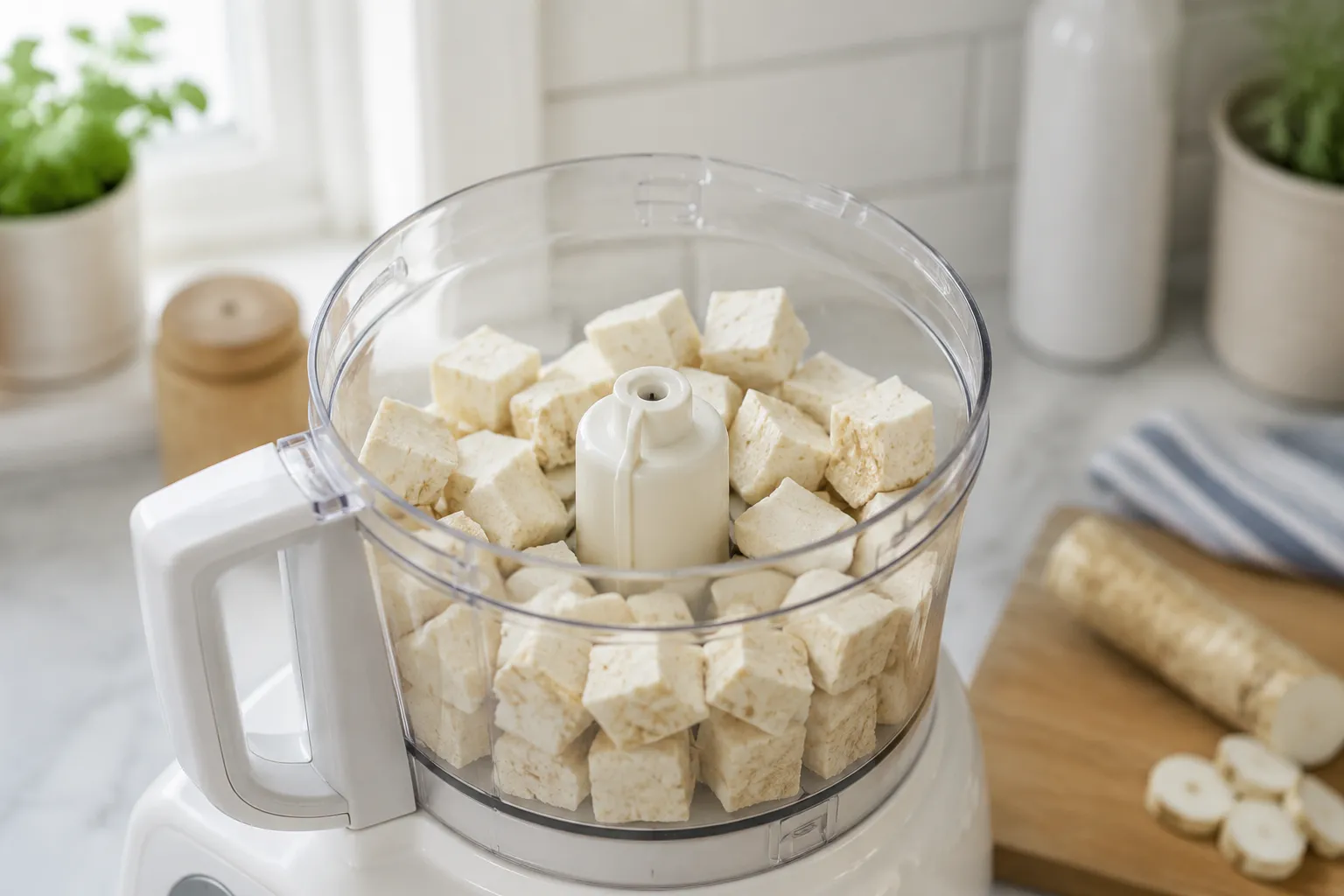 Cubed fresh horseradish in a food processor ready to grind