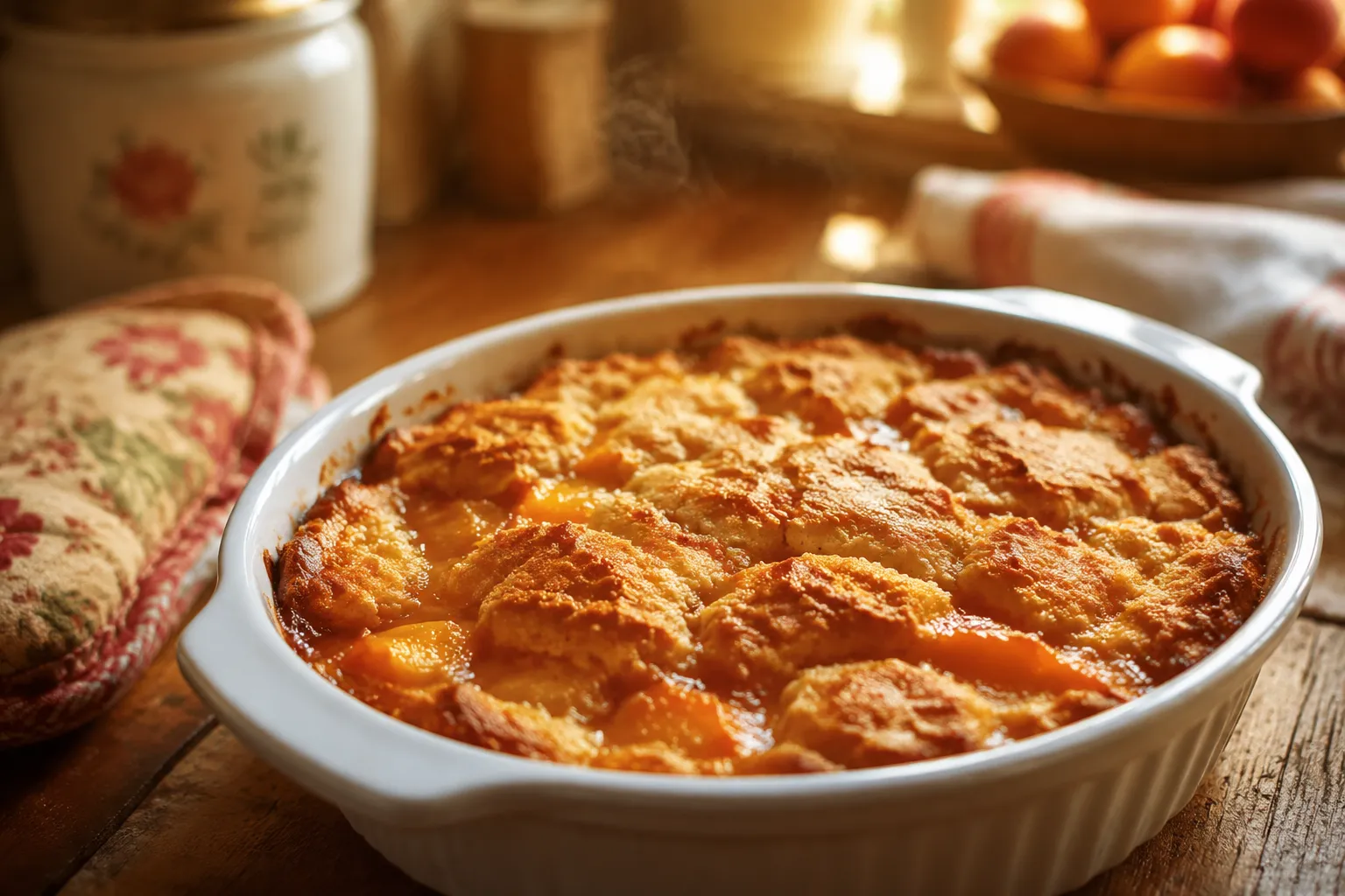 Golden baked peach dump cake fresh from the oven in a white ceramic dish.