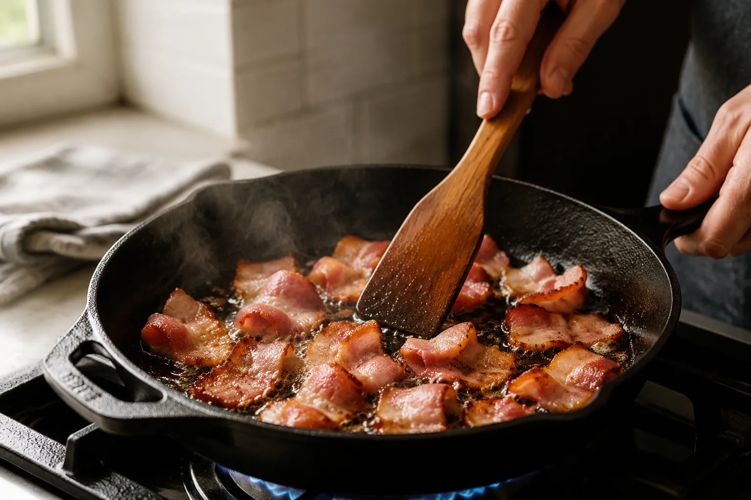 Crisping chopped bacon in a cast-iron skillet for cowboy beans