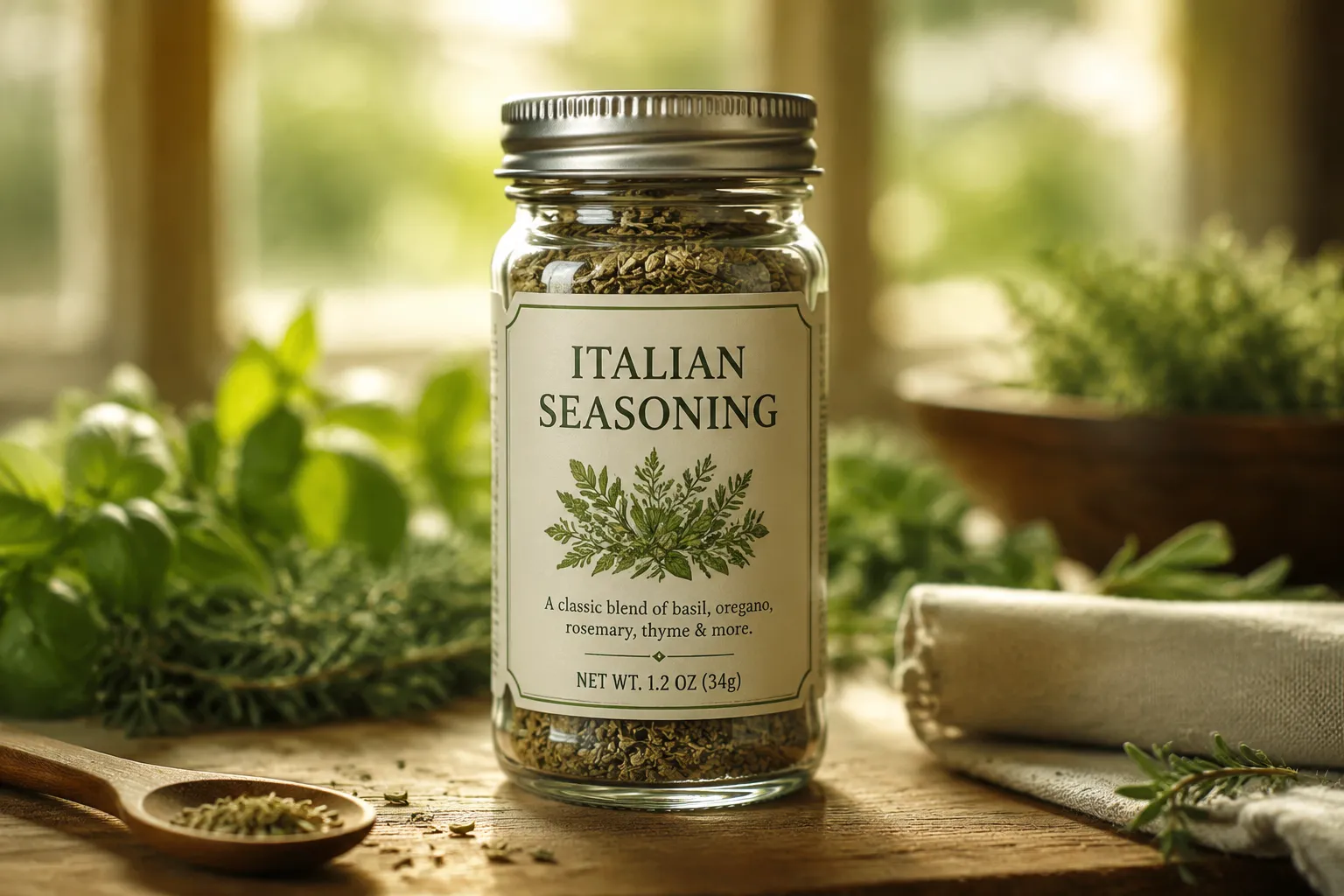 Finished jar of homemade Italian seasoning on a kitchen counter