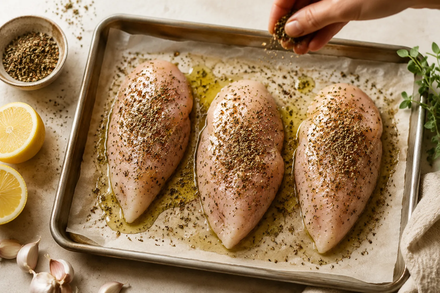 Sprinkling Italian seasoning on chicken breasts before roasting