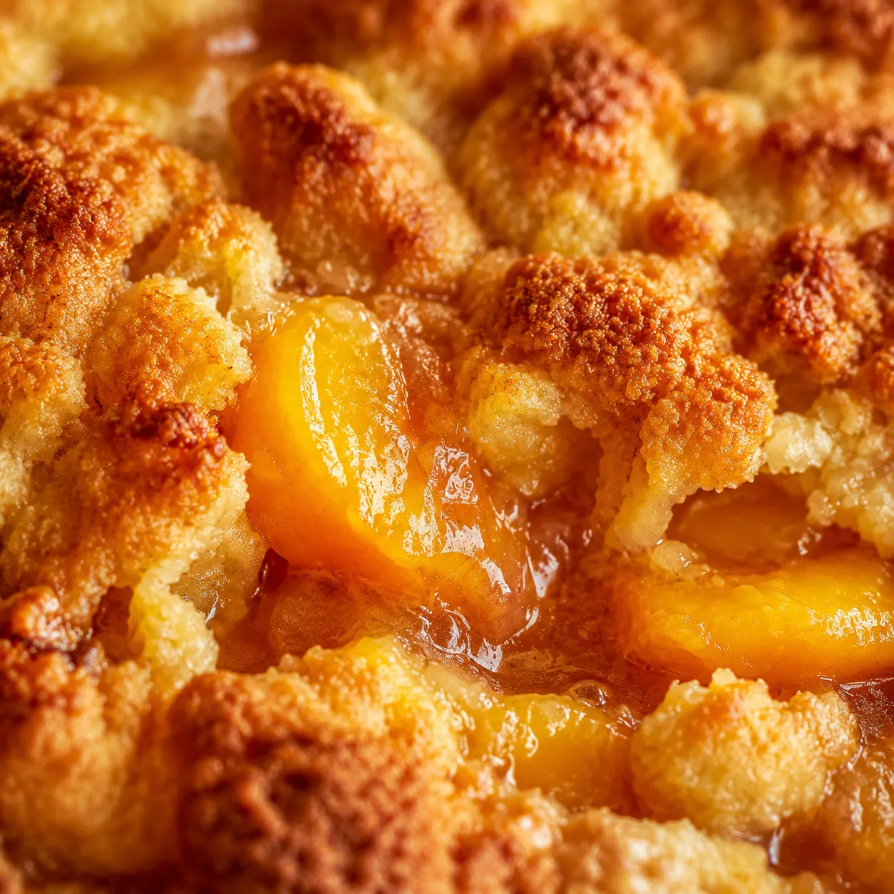 Close-up of crispy cobbler topping on a peach dump cake.