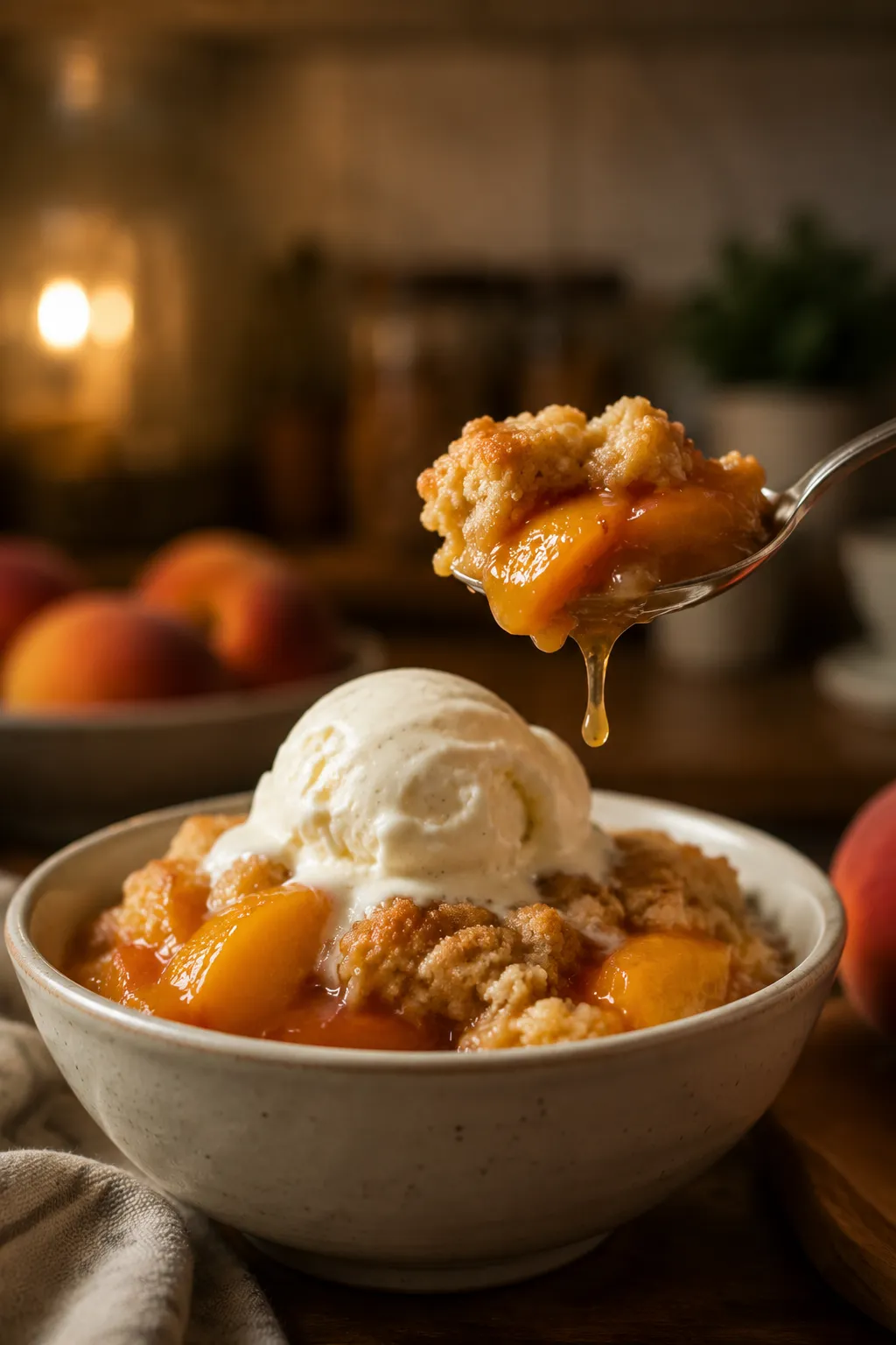 Bowl of peach dump cake recipe served with melting vanilla ice cream.