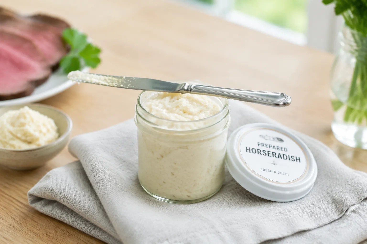 Homemade prepared horseradish finished in a small glass jar