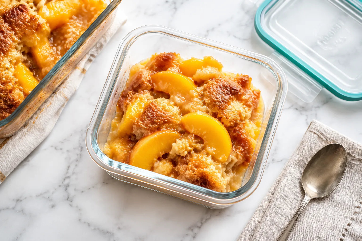 Storing leftover peach dump cake in a glass container for the fridge.