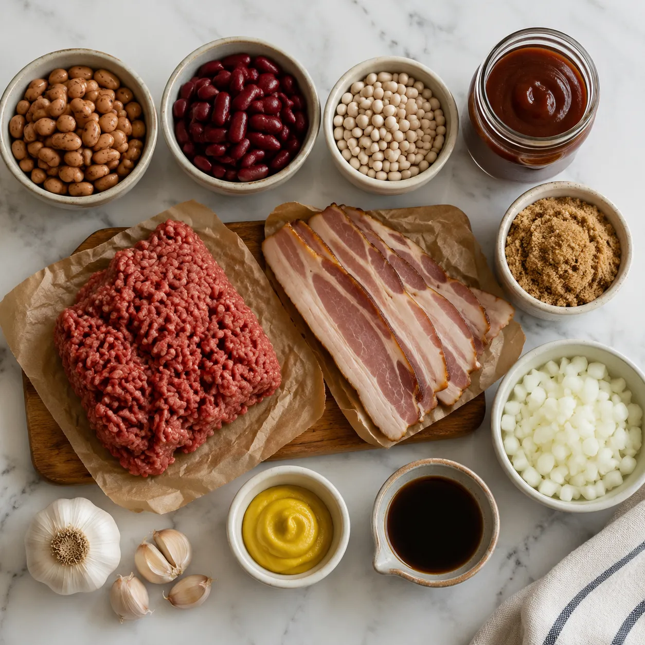 Cowboy beans ingredients including pinto beans, bacon, ground beef and BBQ sauce