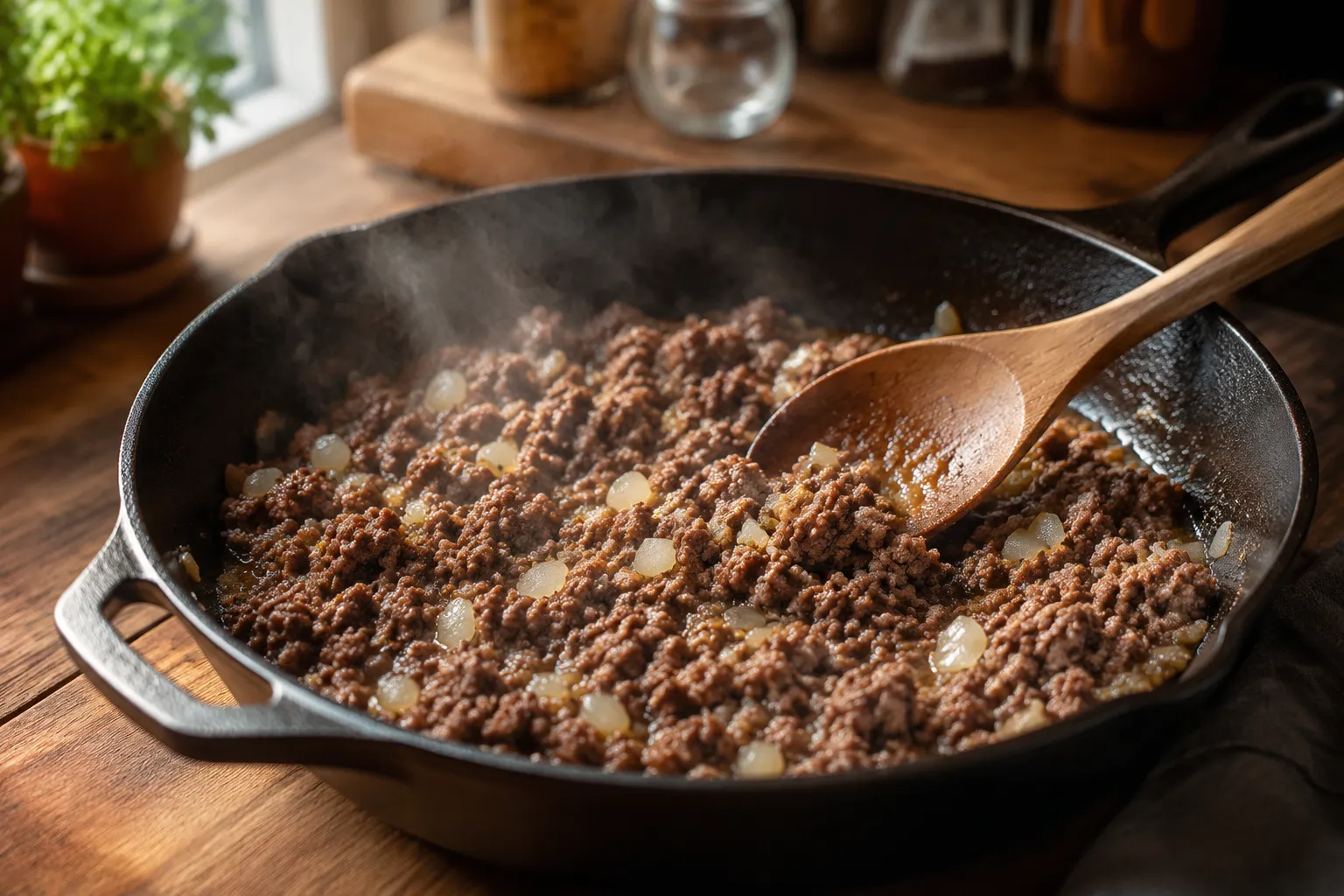 Browning ground beef and onion in bacon fat for cowboy beans recipe