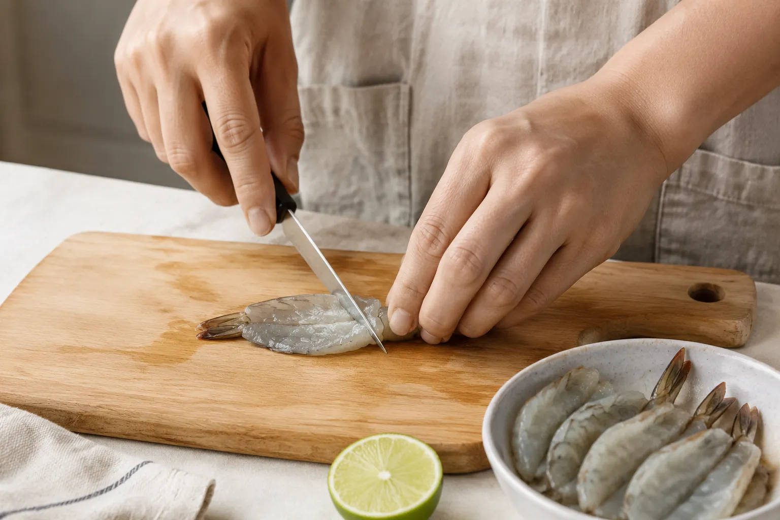 Hands butterflying raw shrimp for aguachile on a wood cutting board