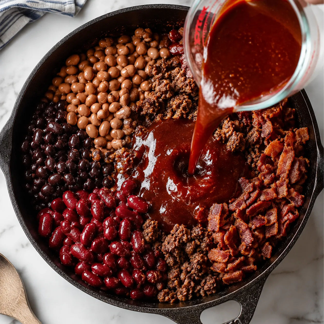 Pouring BBQ sauce into cowboy beans skillet to build the smoky sauce