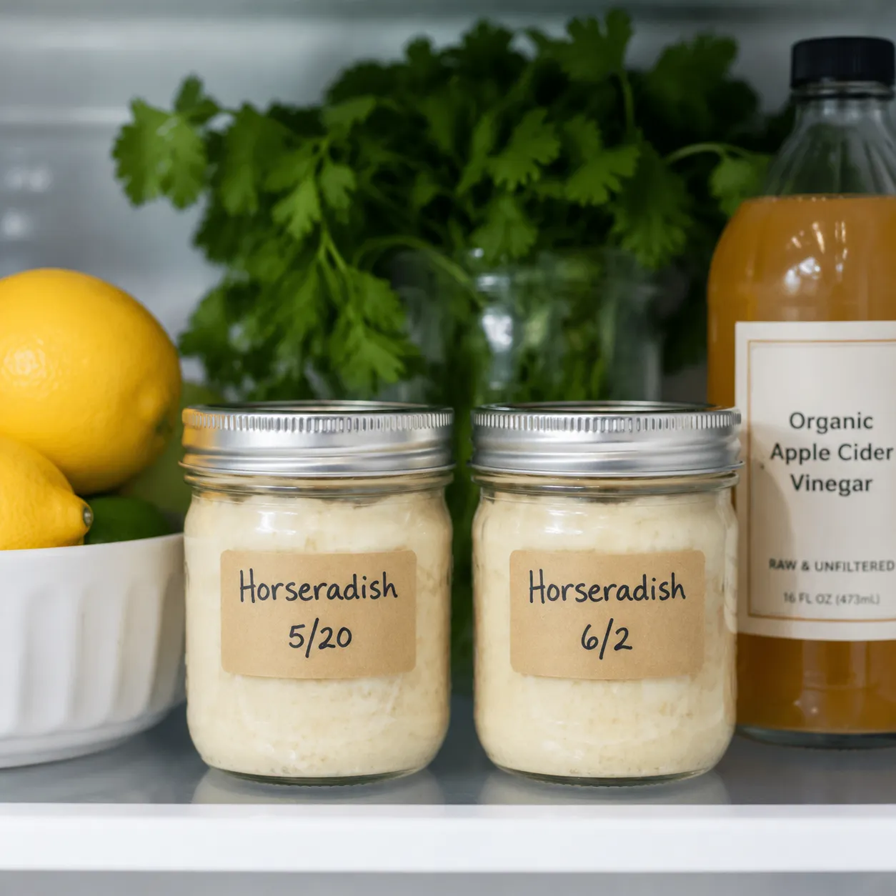 Storing homemade prepared horseradish in labeled mason jars in the fridge