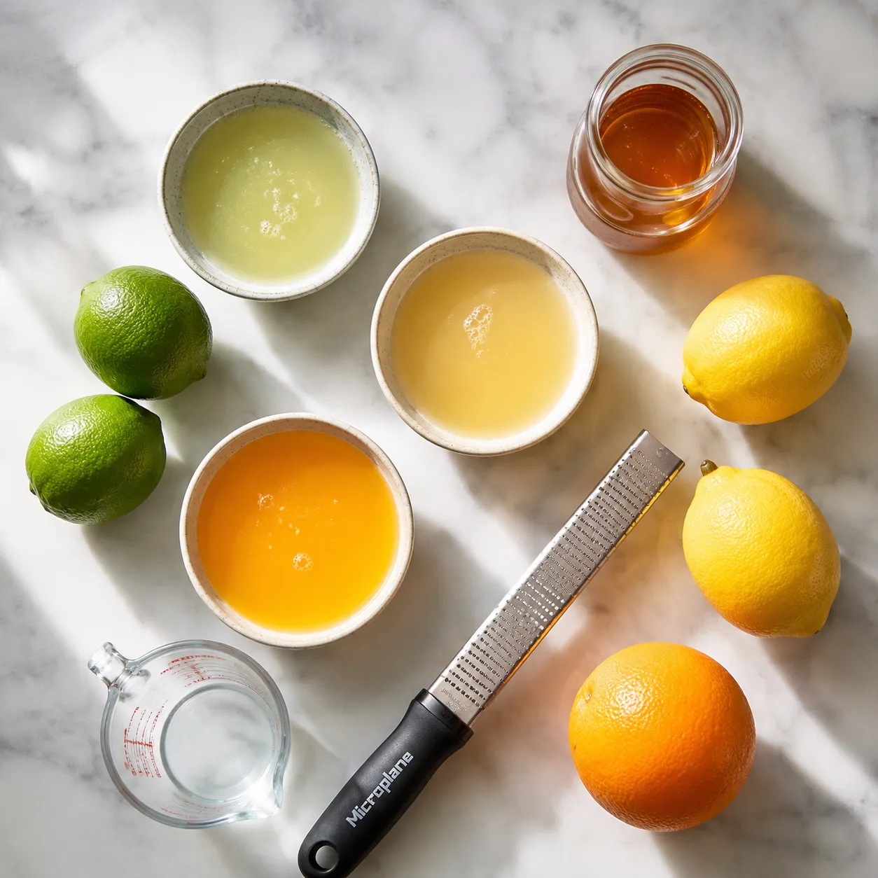 Fresh margarita mix ingredients flatlay with limes, lemons, oranges, and agave