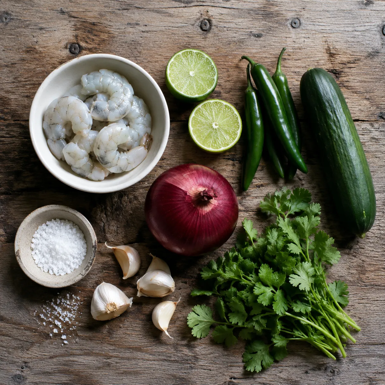 Aguachile ingredients flatlay with shrimp, limes, serrano chiles, and cucumber