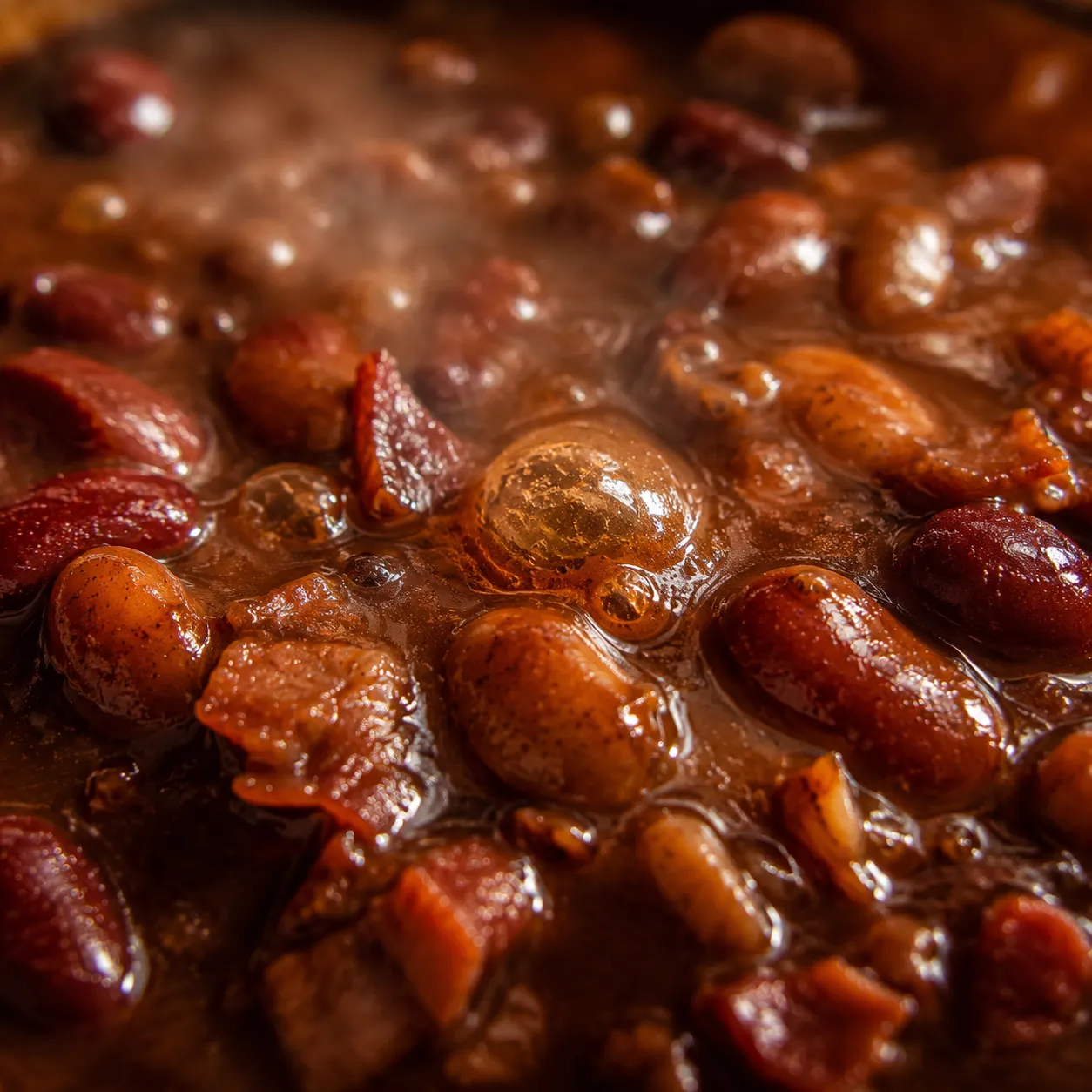 Close-up of cowboy beans simmering in thick smoky BBQ sauce