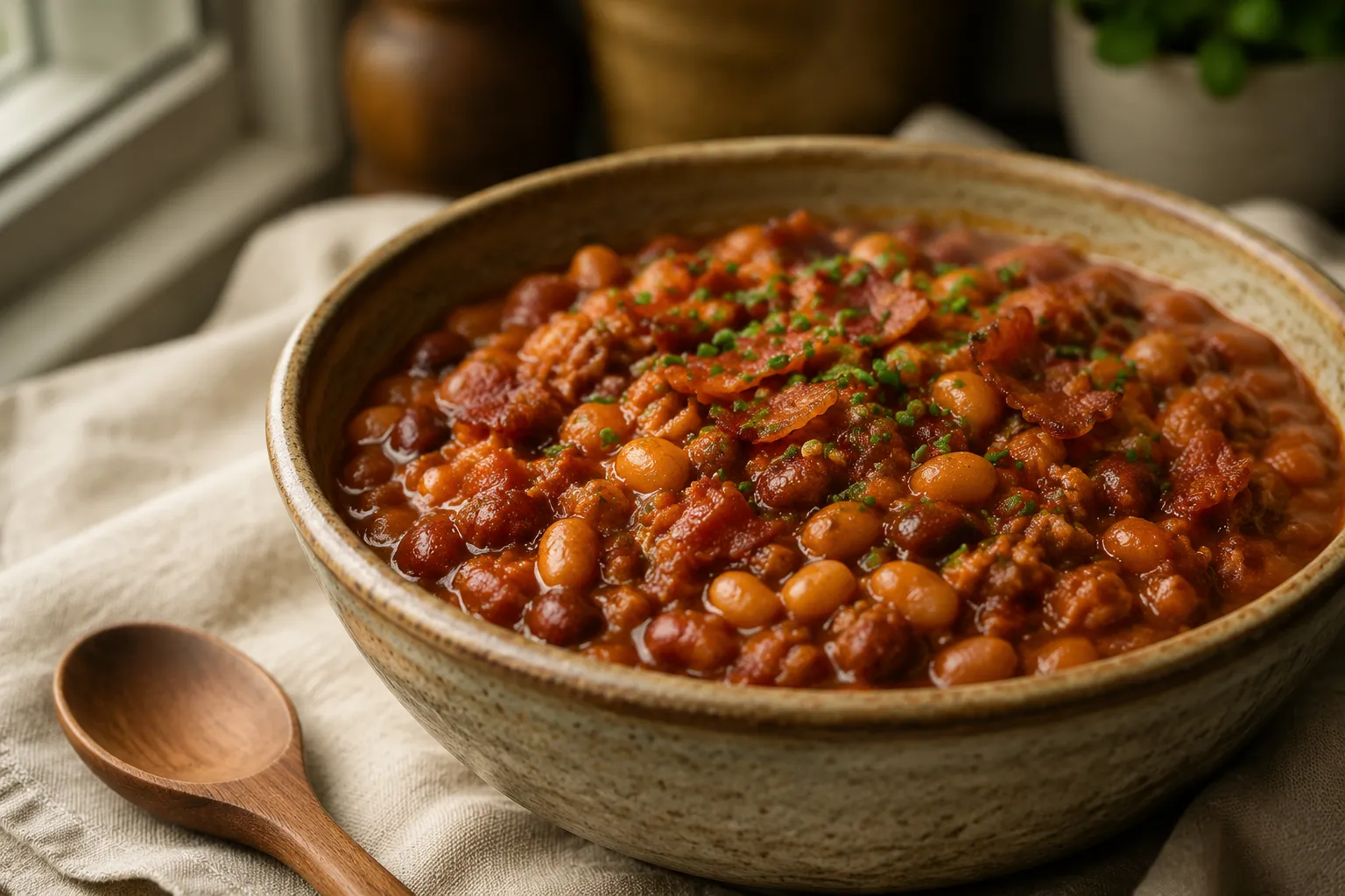Bowl of finished cowboy beans topped with bacon and fresh chives