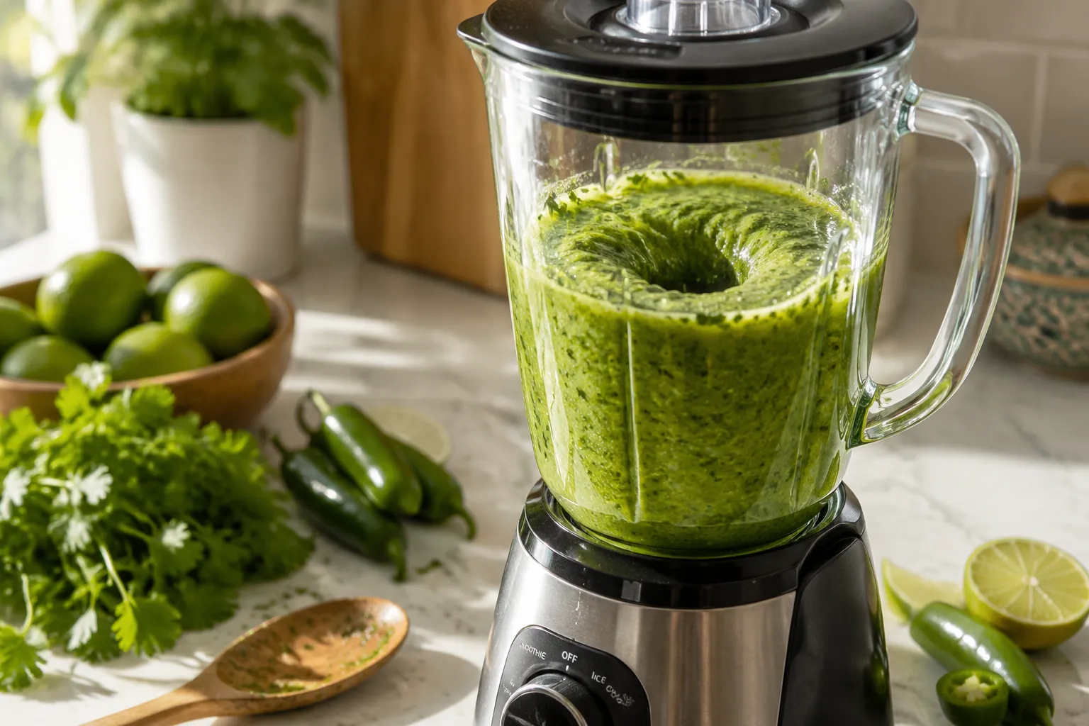 Blender with green serrano chile and lime aguachile sauce
