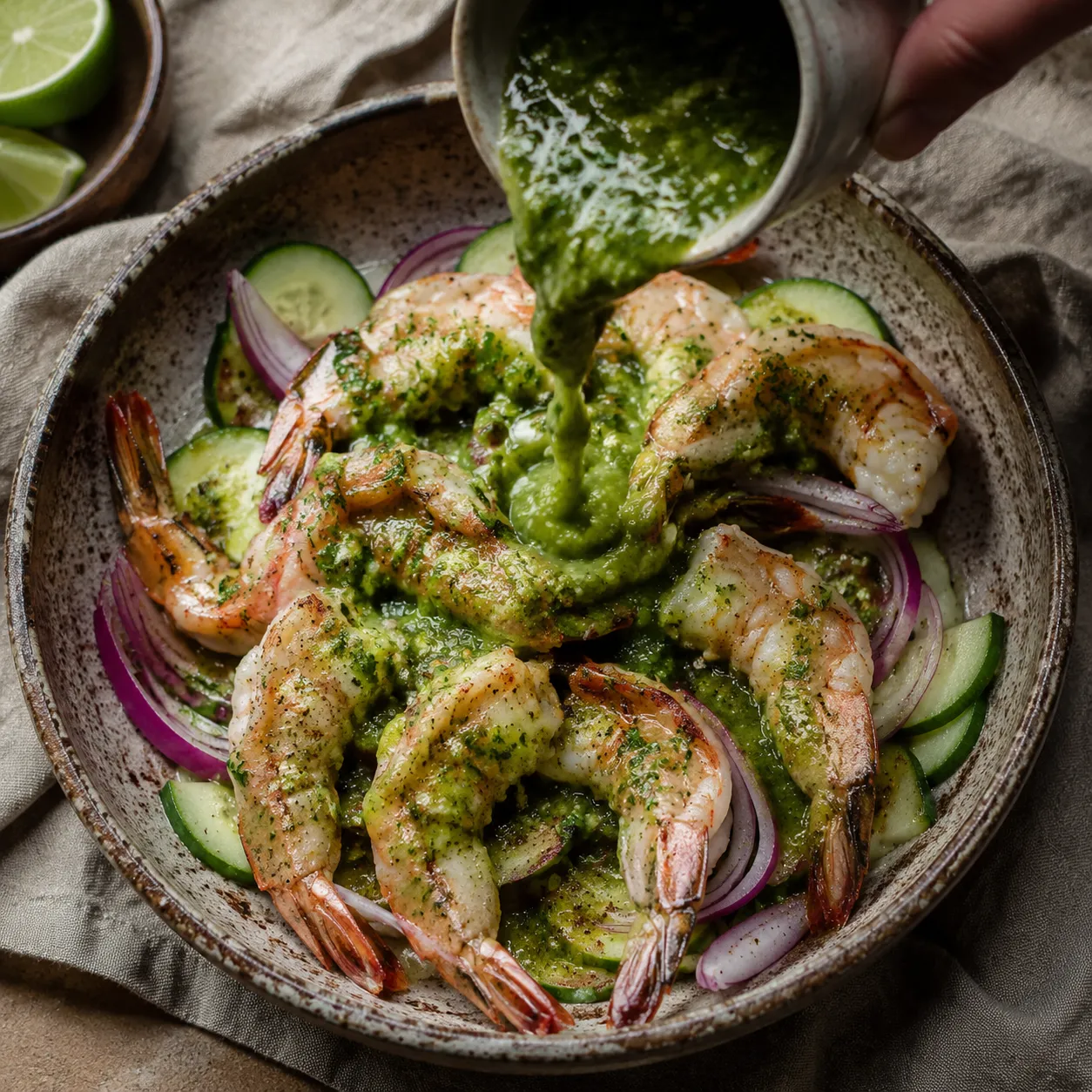 Pouring green chile lime sauce over shrimp to make aguachile