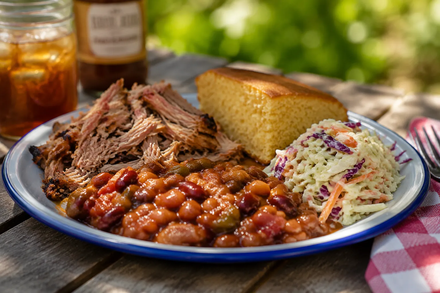Cowboy beans served with pulled pork and cornbread on a cookout plate