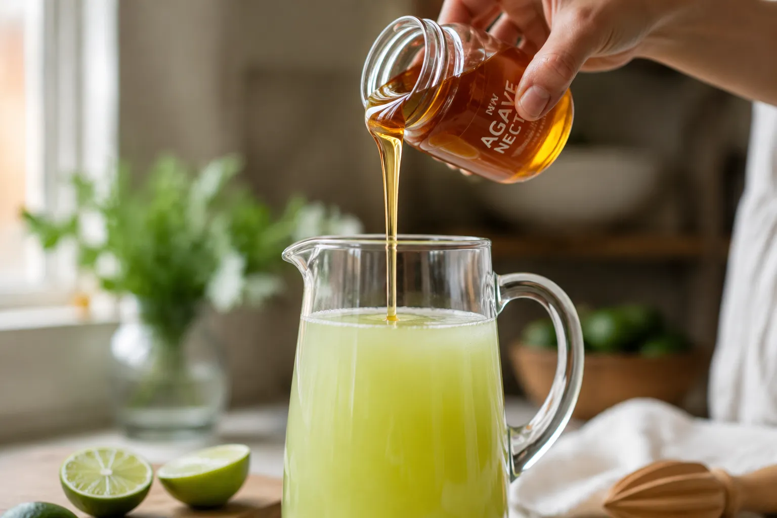 Adding agave to fresh citrus base for the best margarita mix