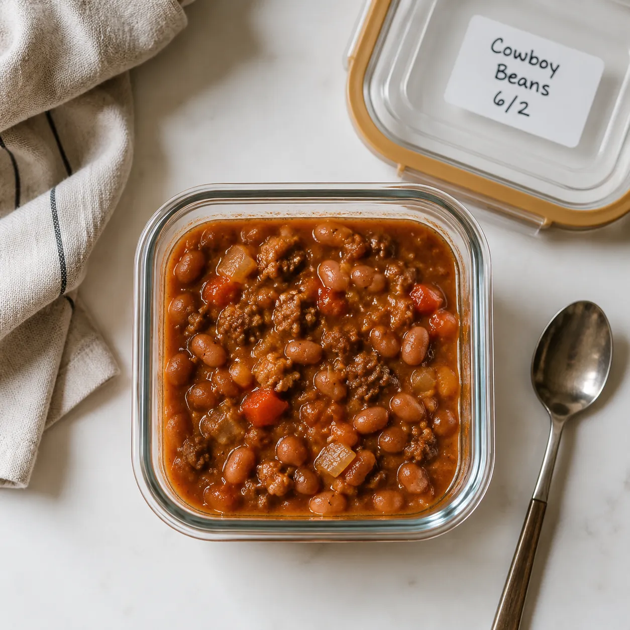 Leftover cowboy beans stored in a glass container for the fridge