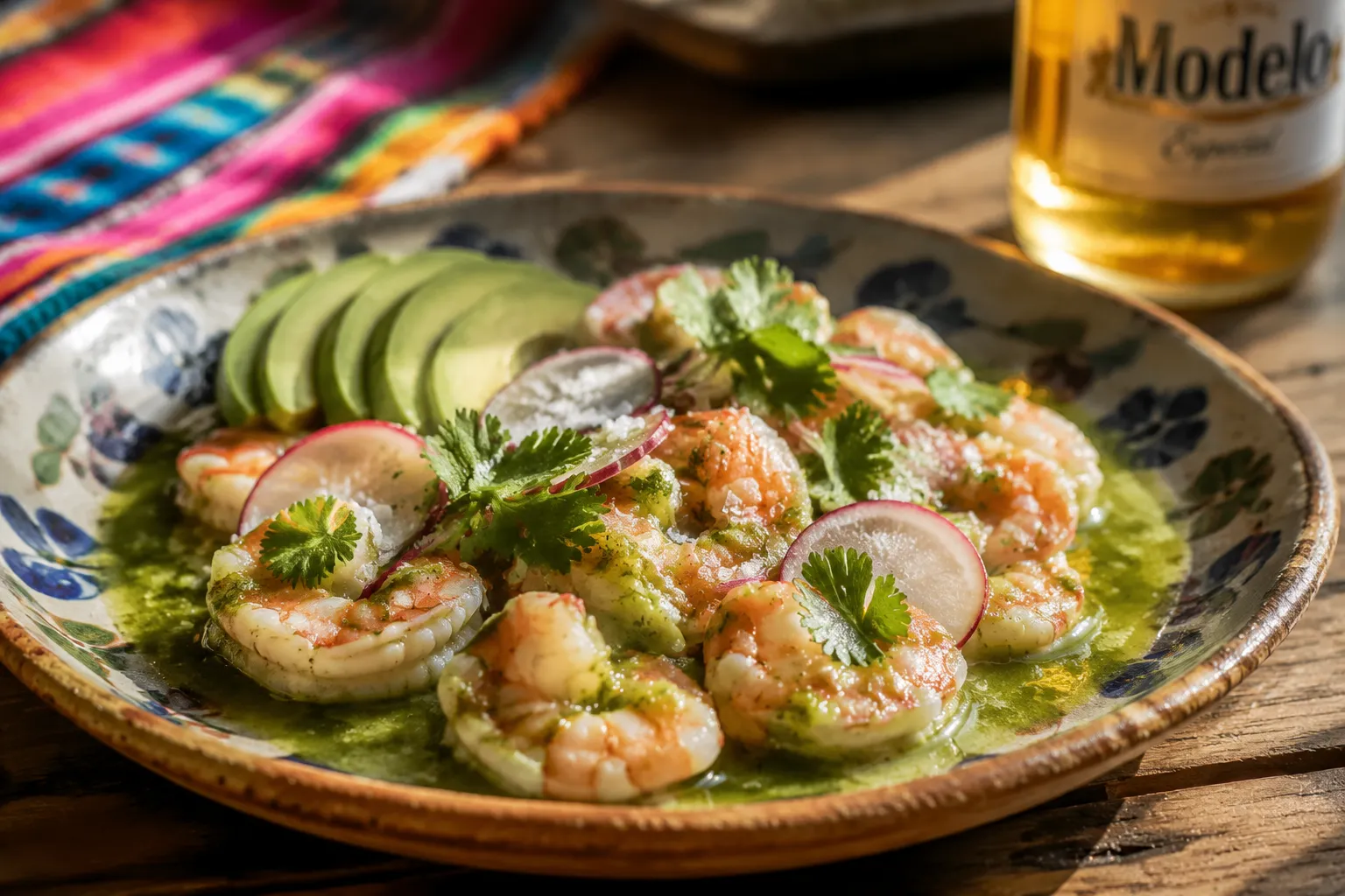 Finished aguachile recipe plated with avocado, radish, and cilantro