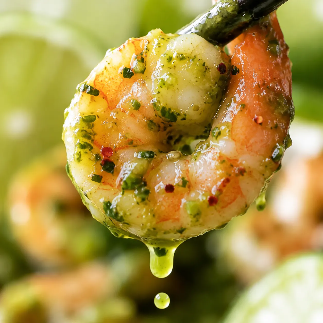 Macro close-up of aguachile shrimp glistening with lime and green chile sauce